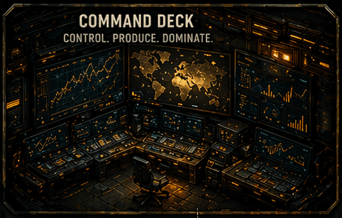 Night command deck overlooking an oilfield